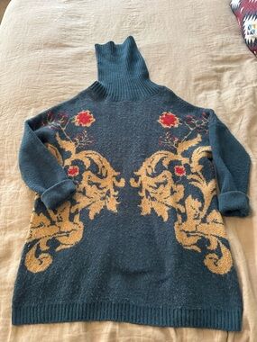 H&M Teal Turtleneck Sweater Dress with Mustard Floral Jacquard